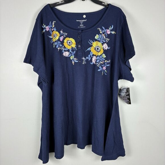 Woman Within 3X Plus Floral Embroidered Waffle Knit Top Blue Short Sleeve NWT - Picture 1 of 7